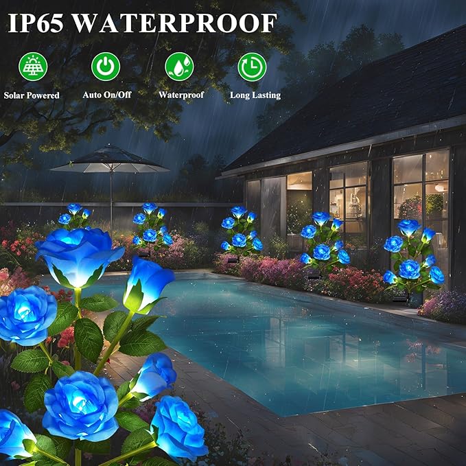 1 Pack Solar Garden Lights Outdoor, 7-Flower Rose Solar Lights for Yard, LED Solar Powered Stake Lights for Patio Pathway Lawn Fence Cemetery, Blue