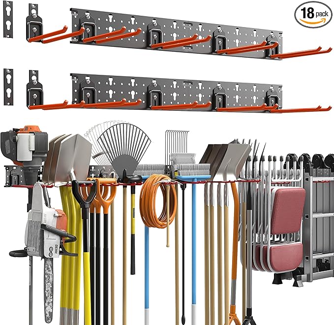 TORACK Garden Tool Organizer Wall Mount, Garage Folding Chair Storage Rack, Tools Rack for Shovels, Rakes, Broom, Ladders, Hooks for Keyhole Style Shelving Unit