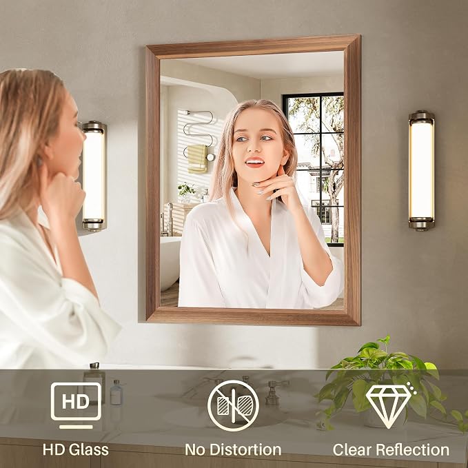 24x36 Inch Bathroom Mirror for Wall, Anti-Rust Walnut Wood Grain Metal Framed - Image 6