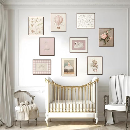 9pcs Nursery Pink Wall Art Baby Girl Canvas Wall Art Vintage Floral Prints Kids - Image 4