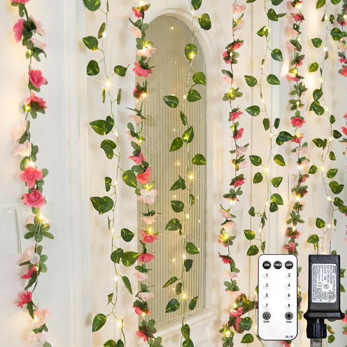 suddus 300 LED Artificial Flower Garland Pothos Vines Curtain Lights, Rose by SUDDUS
