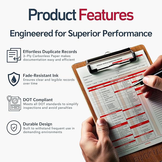 10 Pack 3-Ply Carbonless Annual Vehicle Inspection Report Forms with FMCSA 2-Ply Mylar Laminate Adhesive Vinyl Labels, DOT Inspection Forms and Stickers, Shrink-Wrapped, 8.5" x 11.75" - Made in USA