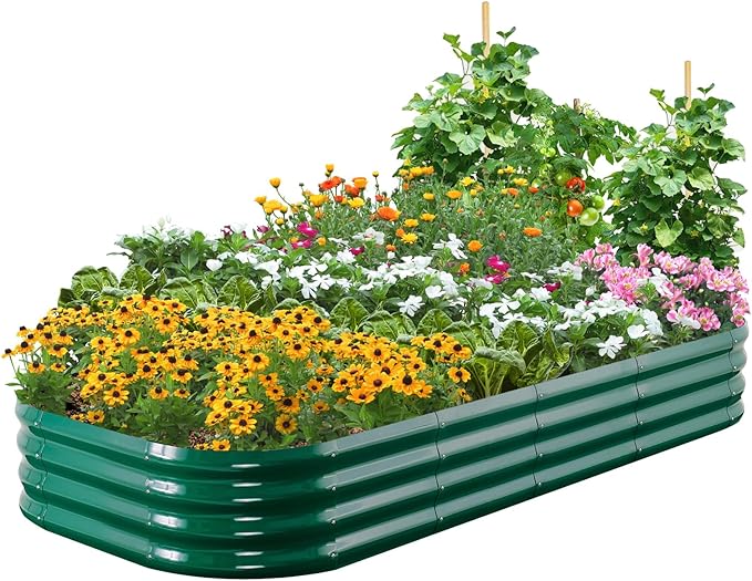 Quictent Raised Garden Bed Kit Oval Galvanized Metal Planter Box for Vegetables Outdoor Backyard, Rubber Strip Edging Included, Dark Green 6x3x2 ft