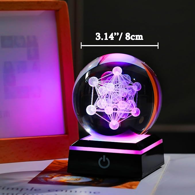 Qianwei 3D Metatron's Cube Crystal Ball with LED Colorful Lighting Touch Base - Flower of Life Night Light - Grid Sacred Geometry Sphere for Meditation Decor Spiritual Decor