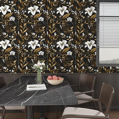 Laatse Black Gold Wallpaper Peel and Stick, Dark White Floral Vintage Contact - Image 8