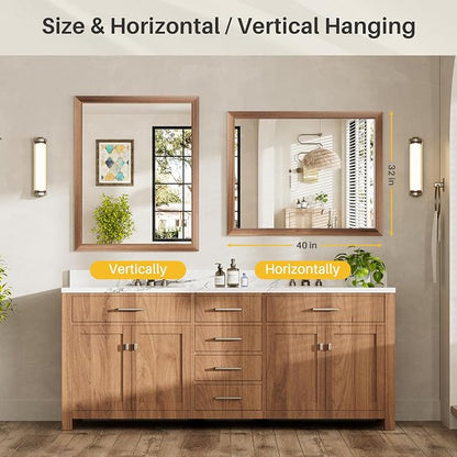 40x32 Inch Bathroom Mirror for Wall, Anti-Rust Walnut Wood Grain Metal Framed - Image 7