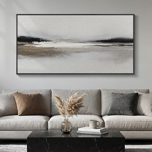 Large Framed Abstract Wall Art for Living Room, Horizontal Black and White by Cuspin