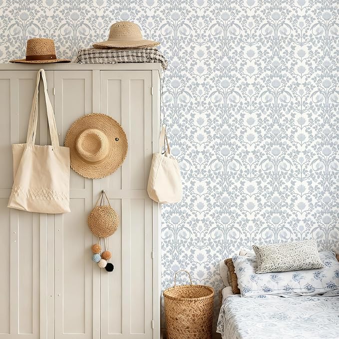 YXTII 17.3" × 393.7" Blue Floral Peel and Stick Wallpaper, Damask Vintage - Image 3