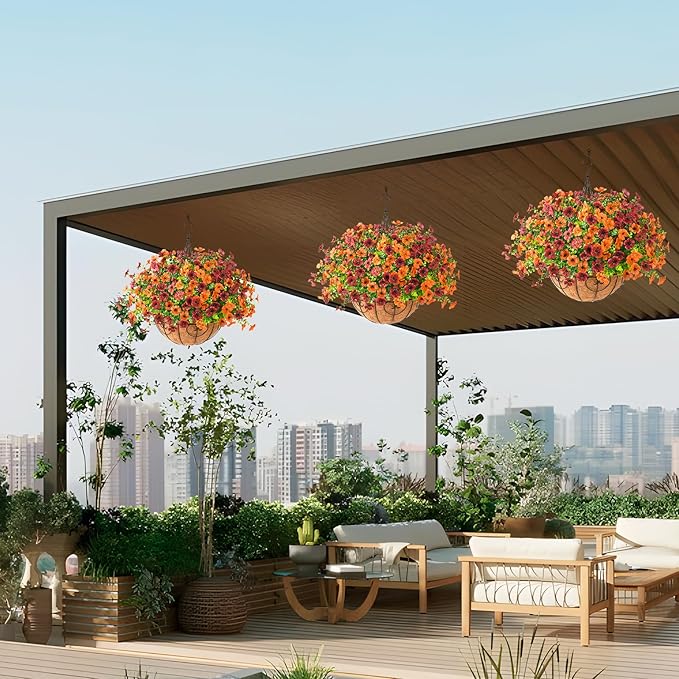 Artificial Fake Hanging Plants Flowers Basket, Faux Silk Daisy in Planter Realistic UV Resistant for Outside Home Patio Balcony Yard Spring Outdoor Decoration (Orange Brown)