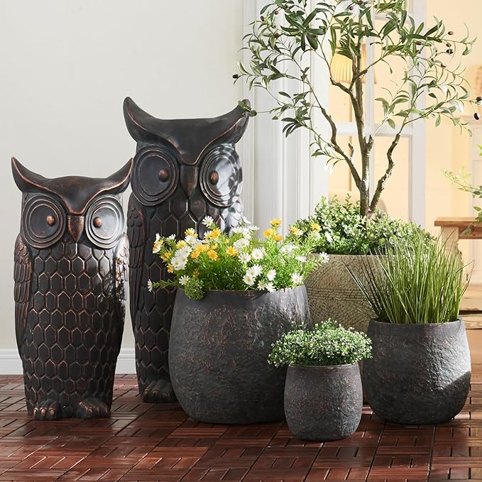 Large Outdoor Planter, 17.32"+12.99"+9.06" Dia Round Weathered Concrete Planter Set of 3, Flower Pots with Drainage Holes, Sealing Plug for Garden, Patio, Home, Office, Greenish Bronze Rust