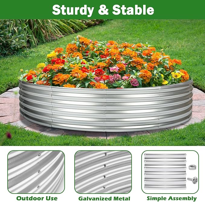 OUSHENG 5x5x1ft Round Galvanized Raised Garden Beds Outdoor, Steel Fire Pit Ring Flower Planter Large Metal Above Ground Boxes Kit for Gardening Vegetables Outside