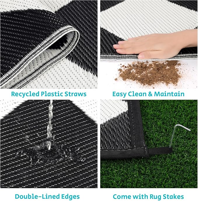 HEBE Outdoor Rug Waterproof 6x9, Reversible Plastic Straw Rug RV Camping Rug, Indoor Outdoor Patio Mat Clearance, Outside Carpet for Porch,Deck,Camper,Balcony,Backyard,Picnic
