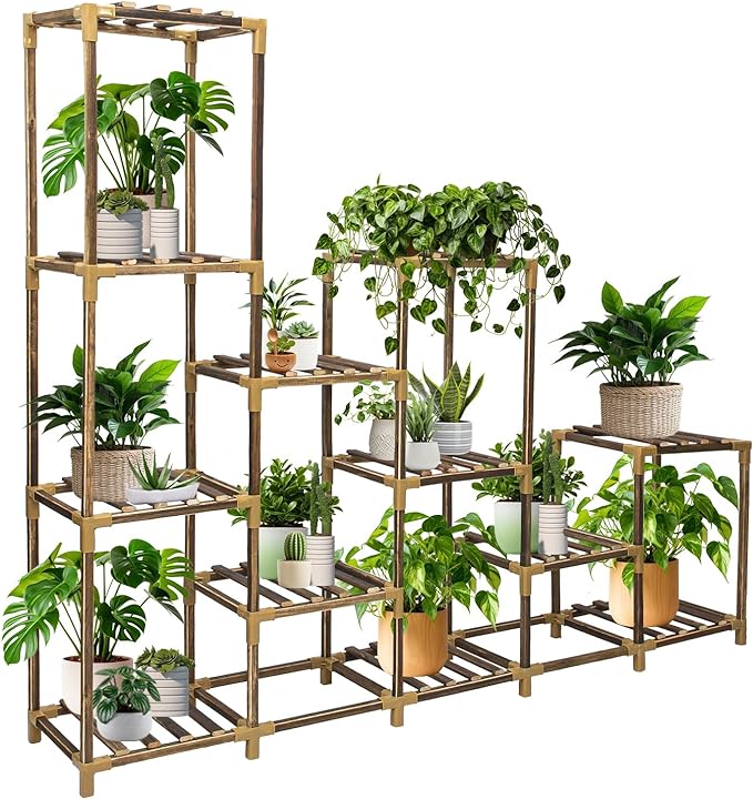Plant Stand Indoor Outdoor, 12 Tier Plant Shelf for Multiple Plants, Large Wood Plant Shelf Combo Ideal for Gardens, Patios, and Lawns