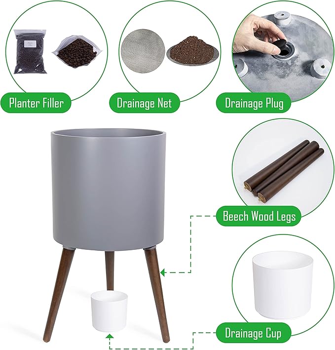 D'vine Dev 14 Inch Planter Pot with Stand, Mid-Century Tall Plant Pot with Legs for Indoor Plants, X-Large, Grey, 88-O-D-3