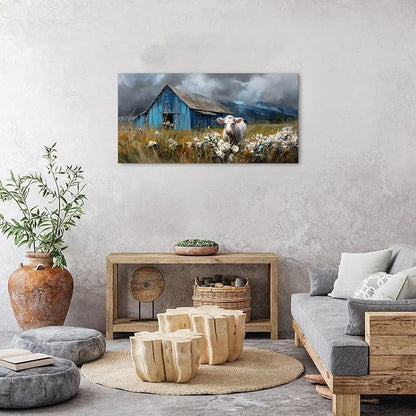 Farmhouse Barn Wall Art Cow Pictures Wall Decor Rustic Blue Barn Landscape - Image 4