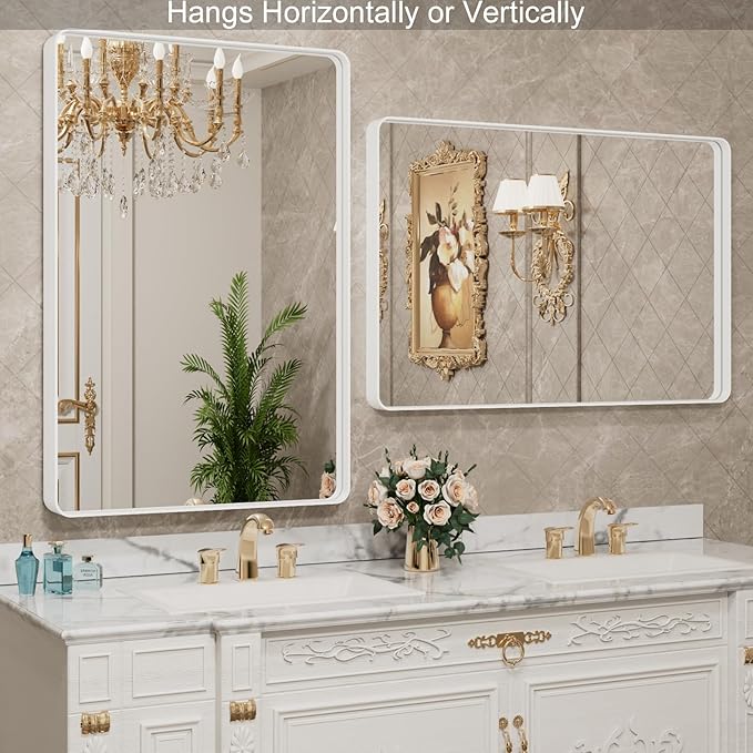LOAAO 48x30 Inch White Metal Framed Bathroom Mirror - Image 3