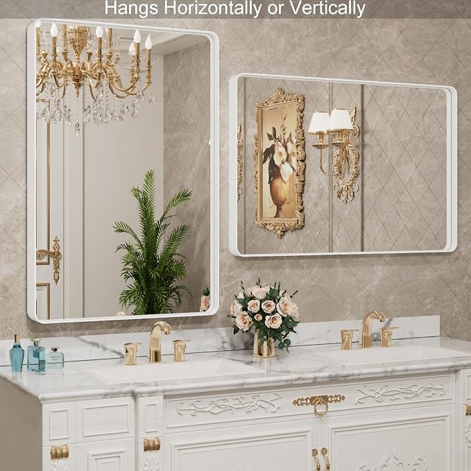 LOAAO 32x36 Inch White Metal Framed Bathroom Mirror - Image 3
