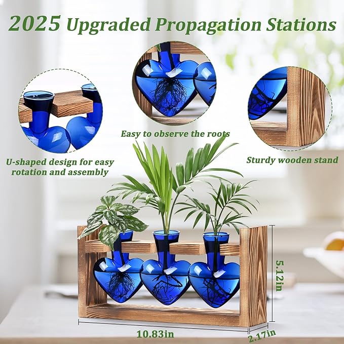 Lifecapido Heart Shaped Propagation Stations, Plant Terrarium with Wooden Stand, Plant Propagation Station for Hydroponics Plants Office Garden Home Decor, Gifts for Women Plant Lover (3 Vases, Blue)