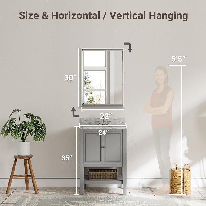 Silver Bathroom Mirror, 22x30 Inch Beveled Rectangle Wall Mounted Mirror - Image 5