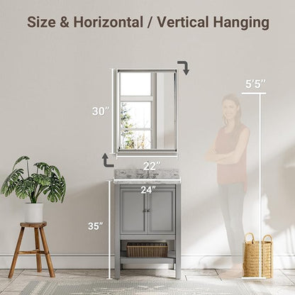 Silver Bathroom Mirror, 22x30 Inch Beveled Rectangle Wall Mounted Mirror - Image 5
