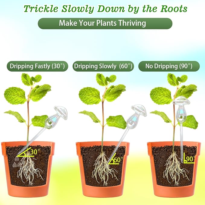 Plant Watering Globes, 4PCS Iridescent Rainbow Gradient Color Clear Glass Mushroom Self Watering Spikes Planter Insert, Automatic Plant Waterer Bulbs Devices for All Plants 9" L × 3.5" D