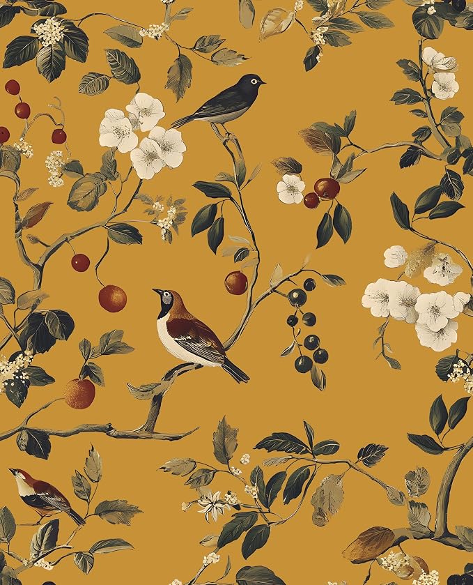 Laatse Vintage Bird Wallpaper 17.5"x393" Yellow Chinoiserie Floral Wallpaper by Laatse
