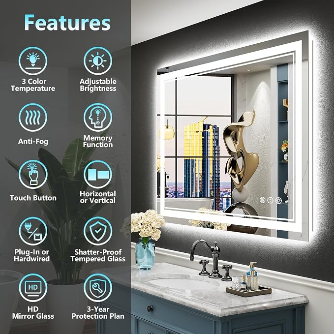 38x38 LED Bathroom Mirror with Lights, Backlit and Front Lit Anti-Fog Lighted - Image 2