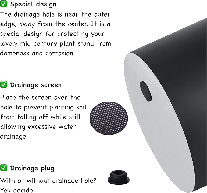 FaithLand Plant Pot 14 inch - Perfectly Fits Mid-Century Modern Plant Stand - Drainage Plug and Drainage Mesh Screen - Matte Black