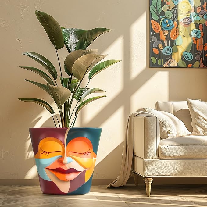 GUGUGO 12 Inch Abstract Rainbow Face Flower Pot, Large Plant Pots with Drainage Holes, Unique Funny Head Planters for Indoor Plants, Cute Planter Gift, Eclectic Home Decor Aesthetic