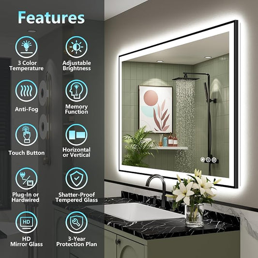 40x30 Black Framed LED Bathroom Mirror - Image 2