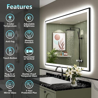 48x32 Black Framed LED Bathroom Mirror - Image 2