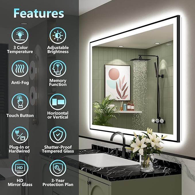 44x36 Black Framed LED Bathroom Mirror - Image 2