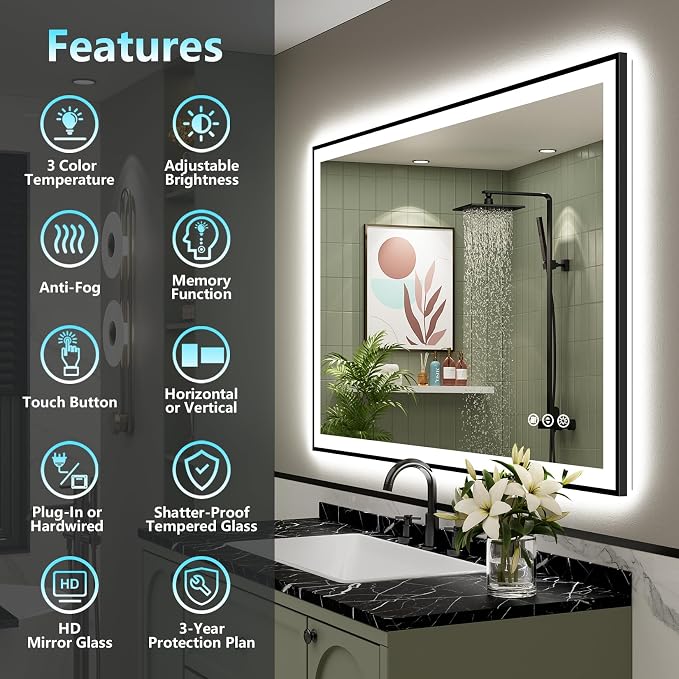 44x32 Black Framed LED Bathroom Mirror - Image 2