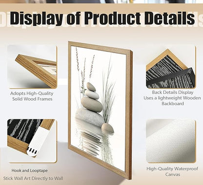 Wooden Frame Zen Stone Canvas Wall Art, Stacked Stones in Water Poster Print. - Image 4