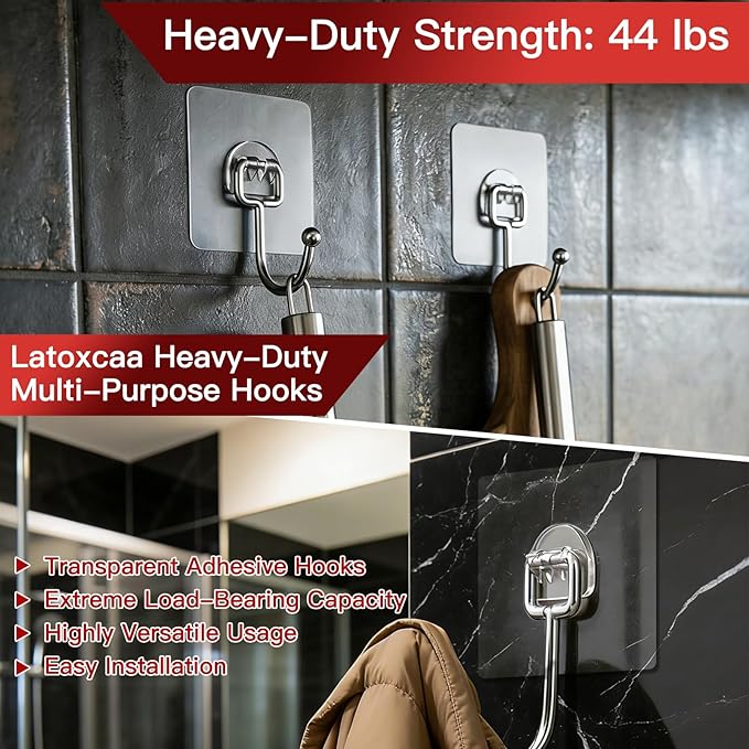 Latoxcaa Large Adhesive Hooks 30-Pack, Heavy Duty 44lb Wall Hooks - Image 5
