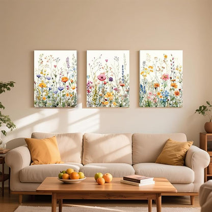 WRFON Wildflower Canvas Wall Art Set of 3, Unframed Botanical Floral Watercolor - Image 2