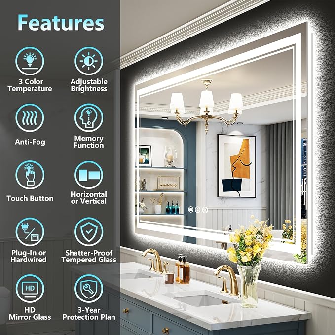 50x36 LED Bathroom Mirror with Lights, Backlit and Front Lit Anti-Fog Lighted - Image 2