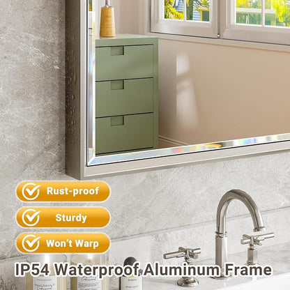 Brushed Nickel Bathroom Mirror, 24x32 Inch Beveled Framed Bathroom Mirror - Image 4