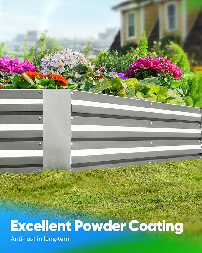 Quictent Galvanized Raised Garden Bed 8x4x1 Ft Metal Planter Box for Vegetables Outdoor, Bottomless for Backyard, 2 Tomato Cages Included (Silver)