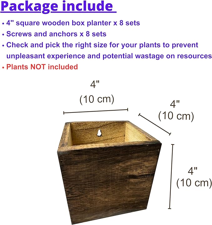 LaLaGreen Wood Planter Boxes for Plants (8 Pack, 4x4 Inch) Small Square Wall Mounted Planters for Indoor Plant, Herb Wooden Box Hanging Flower Pot Plant Holder Outdoor Fence Vertical Garden Home Decor