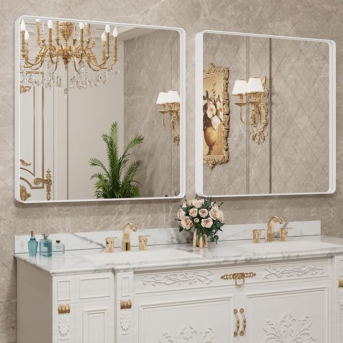 LOAAO 36x36 Inch White Metal Framed Bathroom Mirror - Image 4