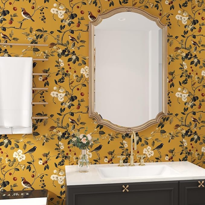 Laatse Vintage Bird Wallpaper 17.5"x393" Yellow Chinoiserie Floral Wallpaper - Image 8