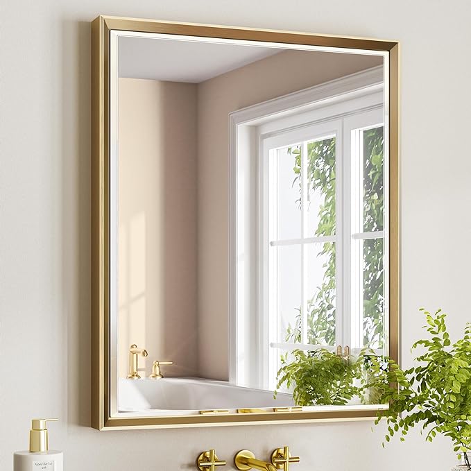Gold Bathroom Mirror, 30x36 Brushed Gold Bathroom Mirror Beveled Edge, by QUEENFUN