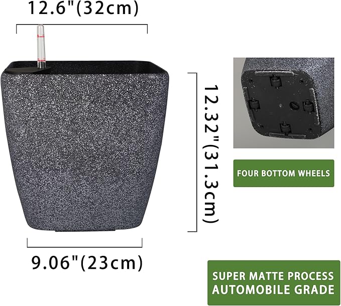 Dexceder 13x12 Self Watering Planter with Wheels Indoor Outdoor, Inner Mat Design, Thickened Large Floor Standing Flower Plant Pot with Water Level Indicator (Stone Matte)