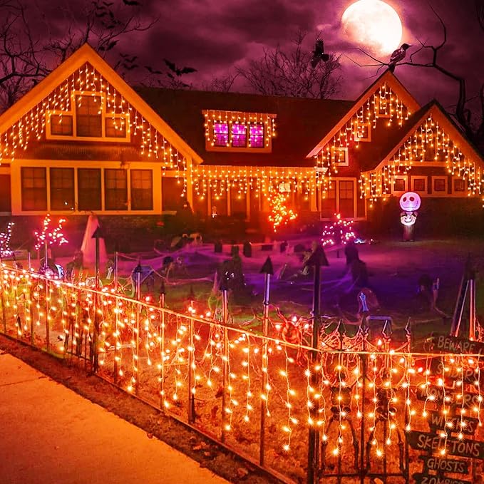 Christmas Icicle Lights Outdoor, 66ft 640 LED Icicle Lights for Outside with 8 Modes Timers, Waterproof Plug in Twinkle String Light for House Yard Eave Patio Party Holiday Decorations, Orange