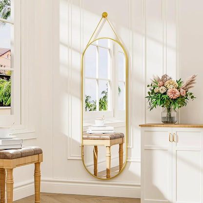 48"x16" Hanging Mirror with Leather Strap, Oval Full Length Mirror with - Image 3
