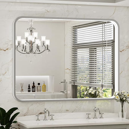 LED Bathroom Mirror with Lights, 48x36 Inch Brushed Silver Framed Lighted by FTOTI