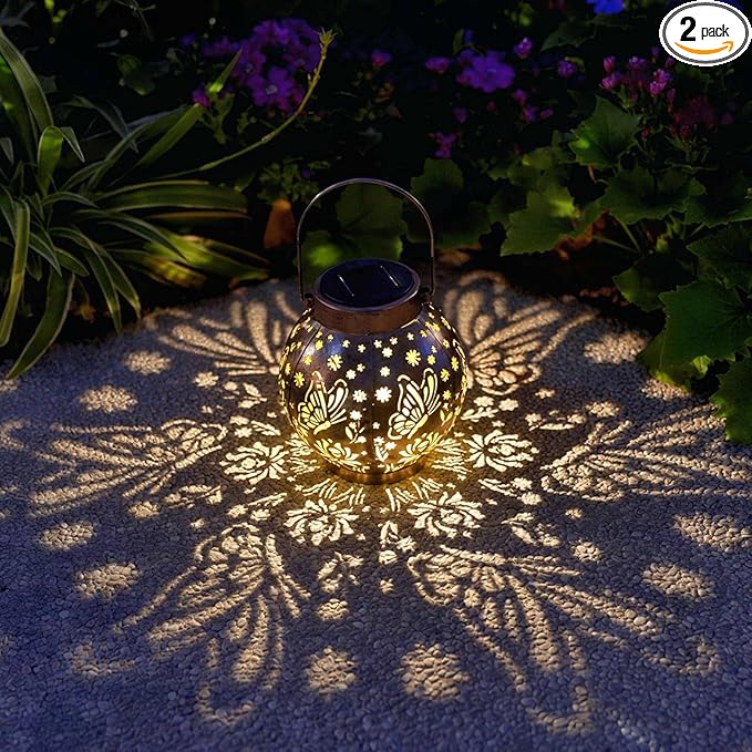 2 Pack Outdoor Solar Hanging Lantern Lights Metal LED Decorative Lamp for Garden Patio Porch Lawn and Table.Unique Gifts for Women Gardening. (Bronze Butterfly)