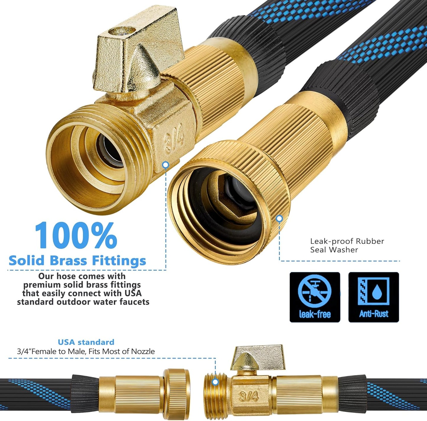 100ft Garden Hose - Water Hoses w/10 Function Spray Nozzle, 2025 New Superior Strength Flexible Hose, 3/4" Brass Connectors- Leakproof Lightweight Water Pipe for Gardening(Blue Black)
