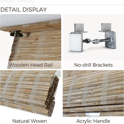 TWOPAGES Natural Woven No Drill Roman Shades, Custom Cordless Blackout Bamboo - Image 5